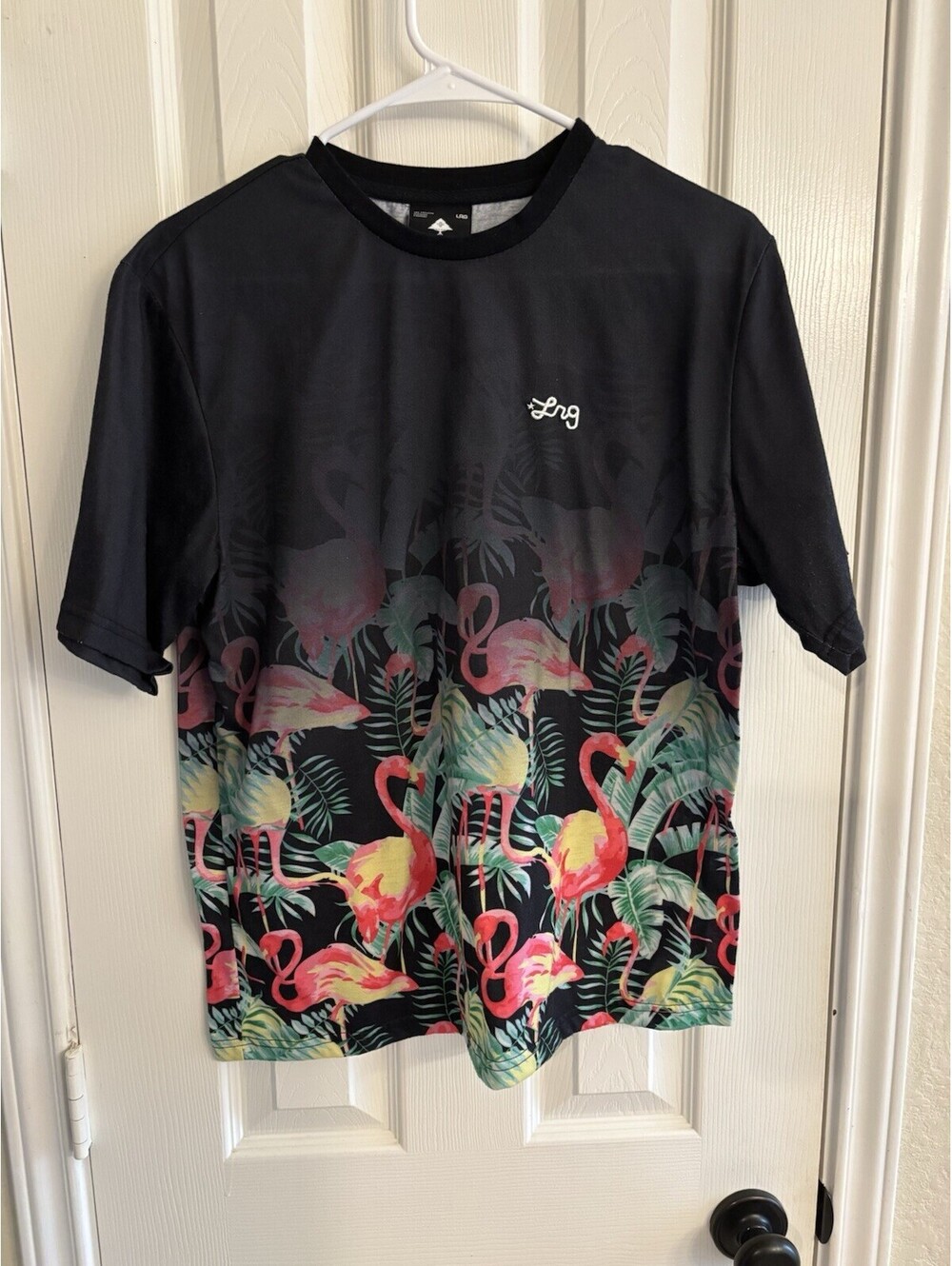 LRG Small Black T-Shirt with Colorful Flamingo and Tropical Leaf Print